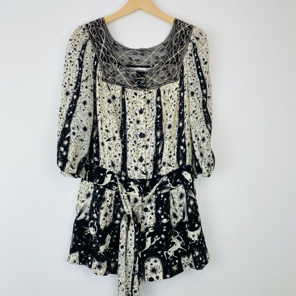 Anna Sui Black and Cream Horoscope Crochet Lace Trim Tie Silk Playsuit UK S - Picture 1 of 9